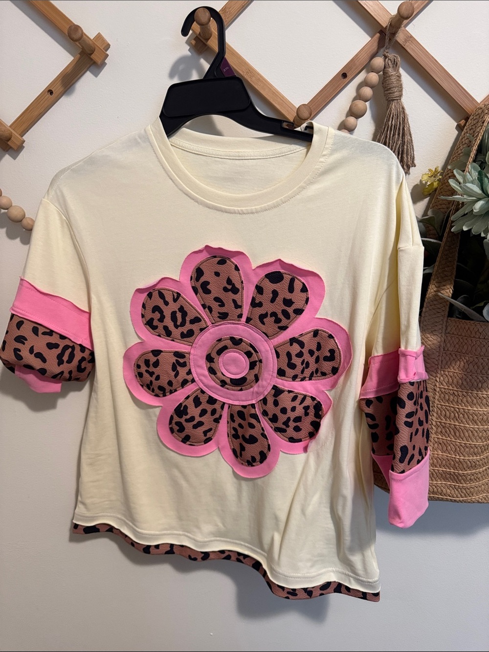 Red Dress Boutique Cream Short Sleeve Tee with Pink & Leopard Flower